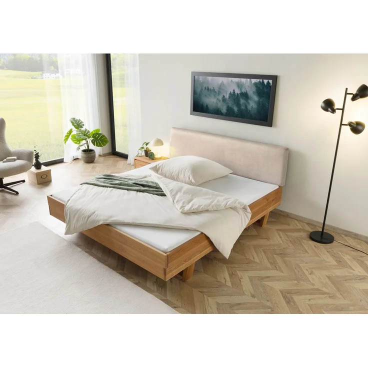 Bett mit Nachttisch links Eiche 160x200x85 natur geölt, Kopfteil beige FICHTELBERG #150 – Bild 2
