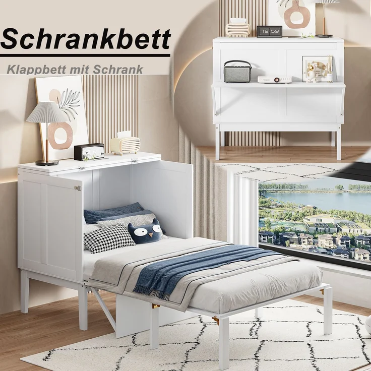 Schrankbett 90x200 cm, vertikal klappbar mit Stauraum, Weiß, ohne Matratze – Bild 3