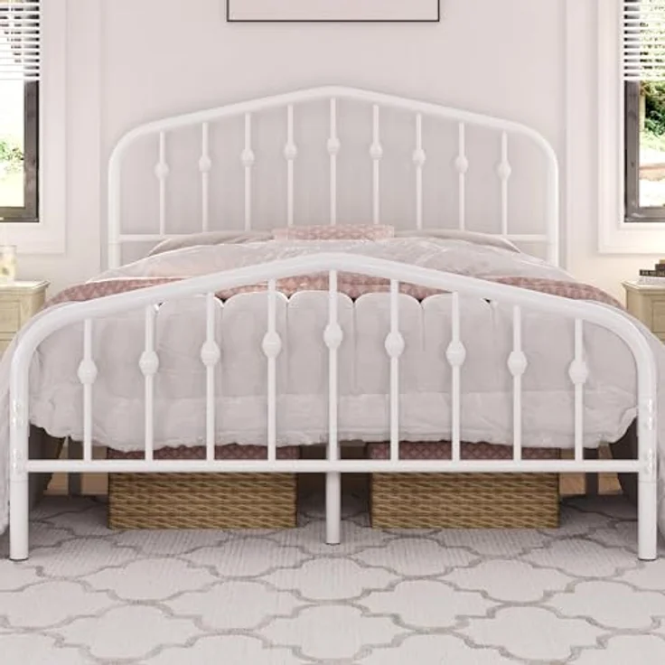 Yaheetech Bettrahmen 140 x 200 cm, Vintage Metallbett mit kronenförmigem Kopfteil, Stabiles Bettgestell Doppelbett aus Metall, Robust & Leichte Montage Gästebett Jugendbett Tagesbett, Weiß – Bild 4