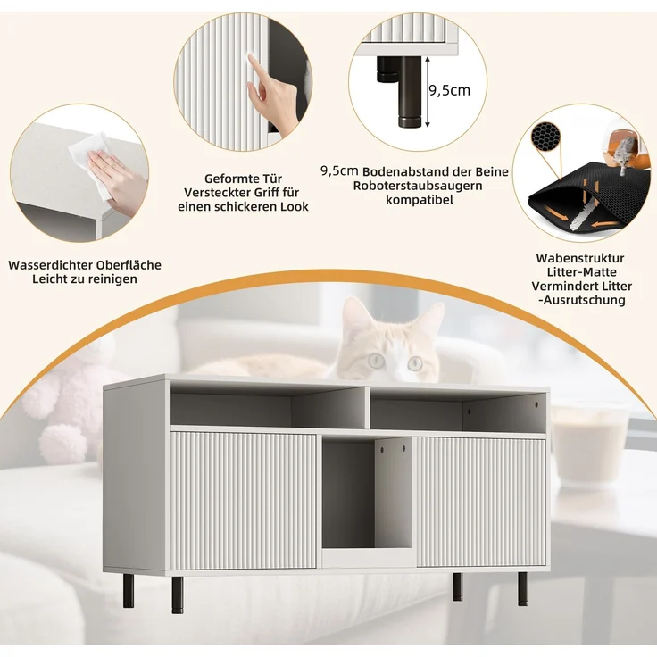 Katzentoiletten-Schrank/Katzenstreuwanne-Schrank mit Sandauffangmatte, Haustier-Schrank mit Ablage, Haustier-Sideboard/TV-Schrank, ohne Katzenstreuwanne, 120 x 50 x 66 cm, Weiß – Bild 8
