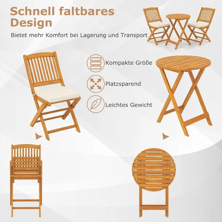 3tlg. Gartenmöbel Set Akazienholz klappbar Rundtisch 2 Stühle Kissen Beige – Bild 4