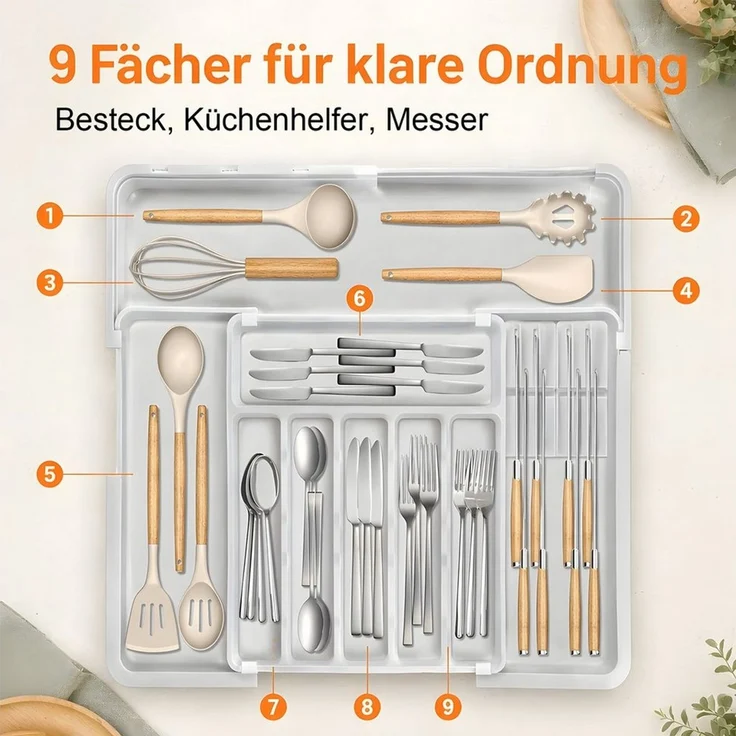 AIMAX Organizer Ausziehbarer Besteckkasten für Schubladen mit Abnehmbar Messerhalter (PP Besteckhalter Besteckeinsatz Schubladeneinsatz Besteckorganizer, 1 St, 9 Fächer, Platzsparend & Erweiterbar 33–36.8 bis 48.2–55.8 cm(Grau), Küchenschubladen Organi... – Bild 3