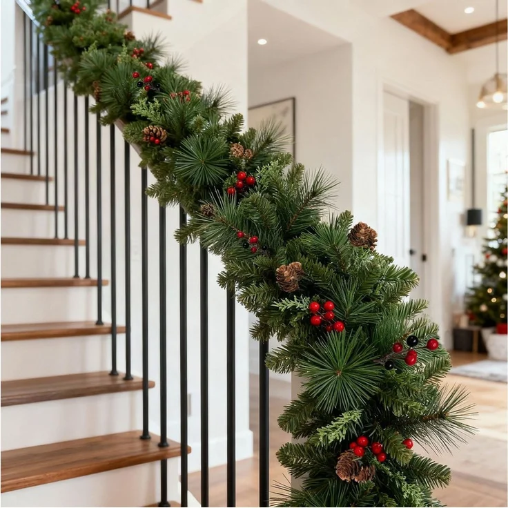 Arnusa Girlanden Weihnachtsgirlande Tannengirlande mit roten Stechpalmen Beeren 270 cm, Weihnachtsdeko Treppengeländer Deko Ilex – Bild 4