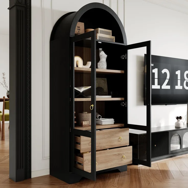 Highboard B 76,2 x T 40,1 x H 180 cm aus MDF mit Glas, 2 Schubladen und verstellbaren Böden