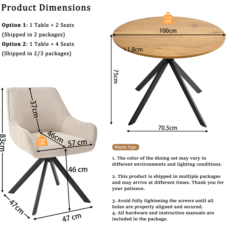 GOEURVANT 1001 Esstisch Set rund Ø 100 cm in Wildeiche-Optik, Küchentisch mit 4 drehbaren Stühlen in Beige – Bild 6