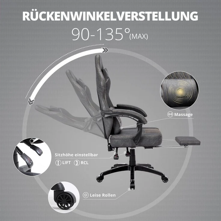 Dowinx Gaming-Stuhl mit Frühling Kissen,Racing Gamer Stuhl mit Massage Lendenwirbelstütze (Packung), Ergonomischer Gaming Sessel mit Fußstütze Bürostuhl PU Leder – Bild 3