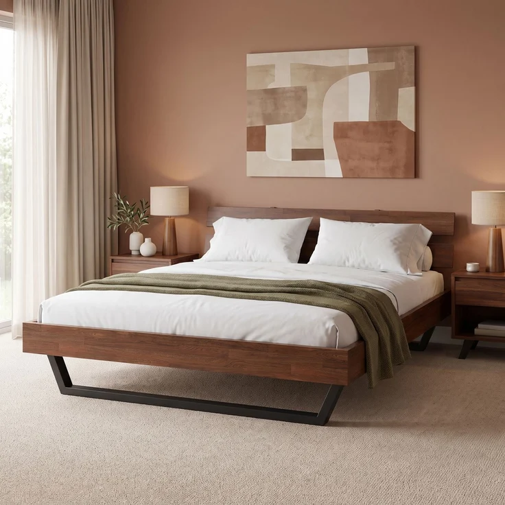 skølm 'Alver' Bett 180x200 cm, Bettgestell, natur geölt, Massivholzbett aus Eiche mit Metallkufen, Walnuss Optik, Bettkopf 2 Streben – Bild 9