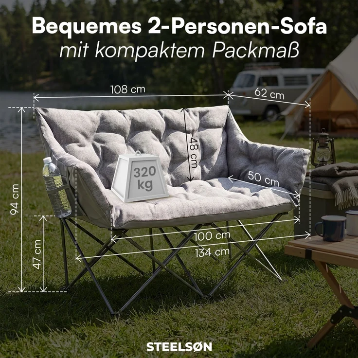 STEELSØN 'Hoggar' Campingbank für 2 Personen, grau, XXL Klappstuhl, bis 320 kg, gepolsterte Campingbank mit 2 Seitentaschen – Bild 9