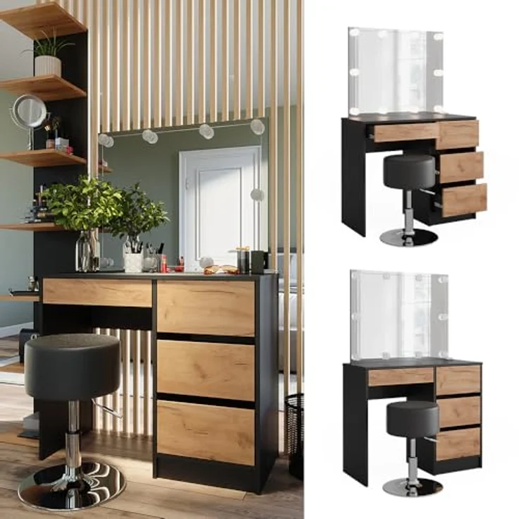 Vicco Schminktisch Sherry, Anthrazit, mit LED-Spiegel, 4 Fächern und 4 Schubladen, 90x75x40 cm, Holzwerkstoff – Bild 2