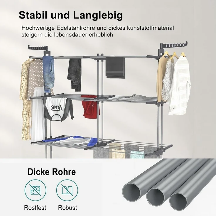 PFCTART Wäscheständer Großer Stand-Wäscheständer Turm mit Rollen – ausziehbar, Turmwäscheständer mit zweistufigem Design & hoher Belastbarkeit – Bild 1