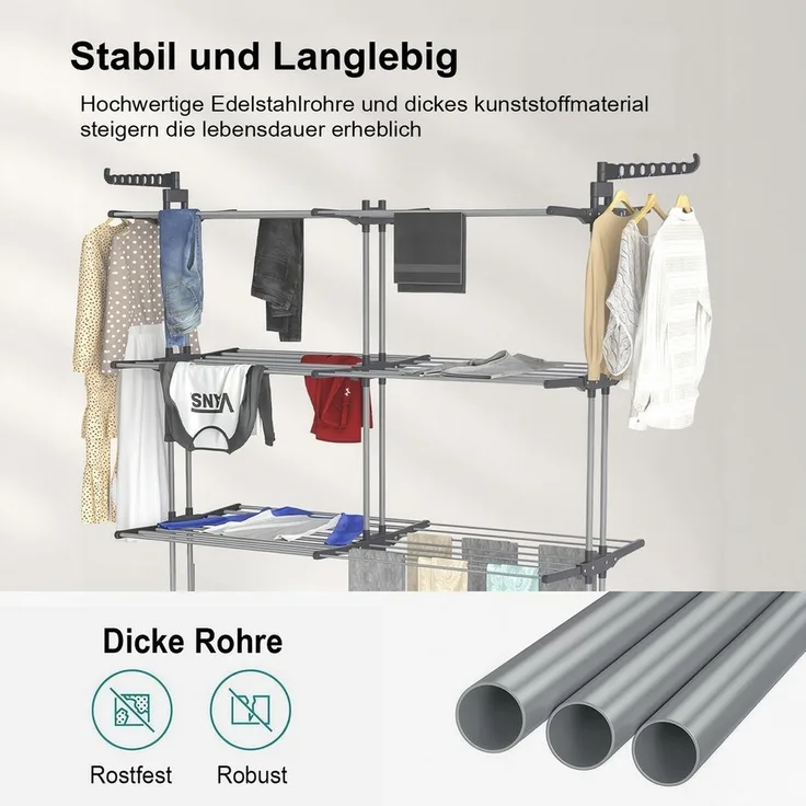 PFCTART Wäscheständer Großer Stand-Wäscheständer Turm mit Rollen – ausziehbar, Turmwäscheständer mit zweistufigem Design & hoher Belastbarkeit