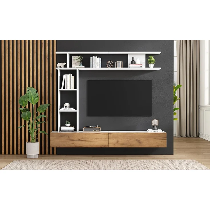 180*35*22.5cm TV Wohnwand-set mit Vitrinen,Mediawand inkl. TV-Board, Standregal und Wandregal,TV Wohnzimmermöbel-Set,TV-Schrank, stehend&hängend,TV bis 80',Weiß + Holzfarbe--Weiß + Eiche--95.99x36.5x16.99cm--YOUDENOVA – Bild 5