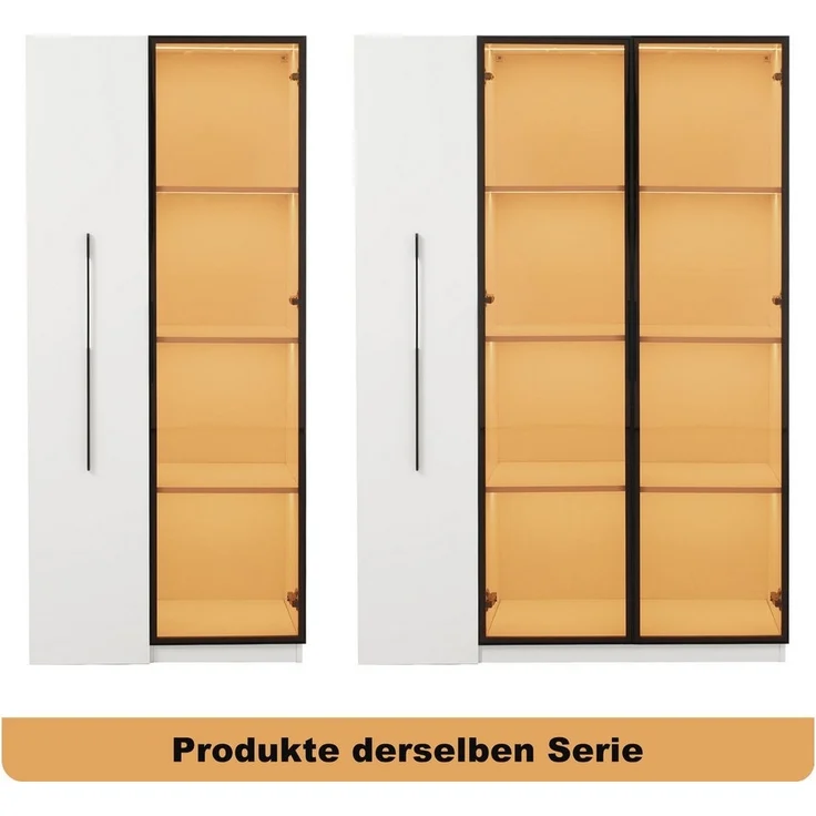 BlingBin Stauraumvitrine Multifunktionsschrank Glasvitrine (1-St, Bücherregal mit LED-Vitrine & seitlichem Auszugsschrank auf Rollen) Soft-Close-Scharniere, Warmgelbe Beleuchtung, 110,5×35×160 cm – Bild 2
