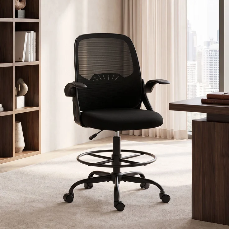 MELAYR, Zeichenstuhl mit verstellbarer Lendenstütze, Drehfunktion, Netzbezug, 65 x 59 x 124 cm, Schwarz – Bild 3