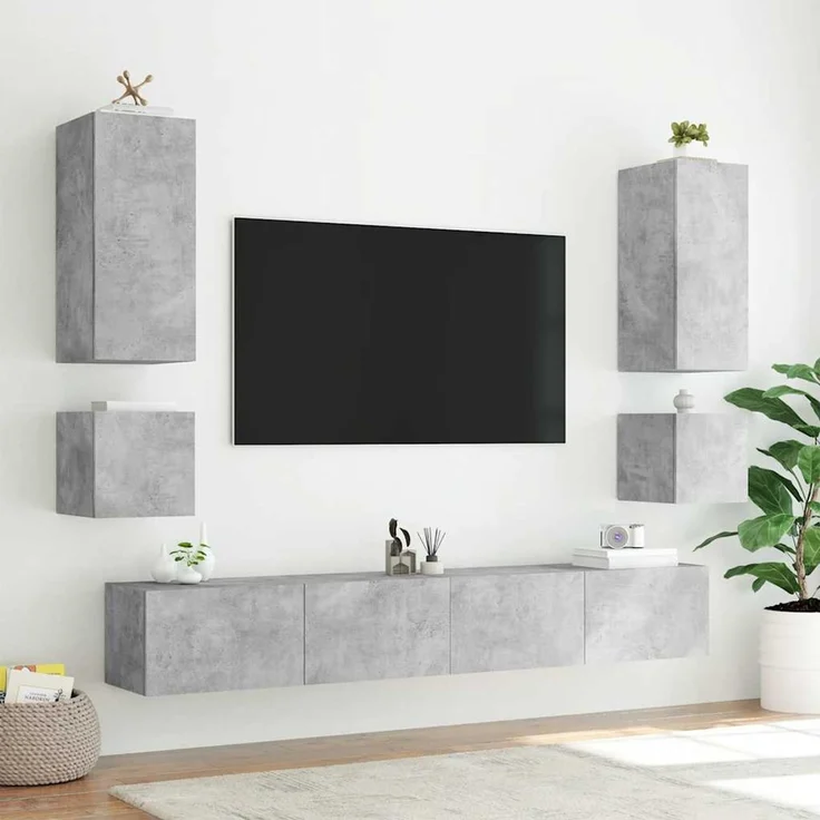 TV-Wandschrank, Fernsehschrank mit LED-Leuchten Betongrau 100x35x41 cm – Bild 6