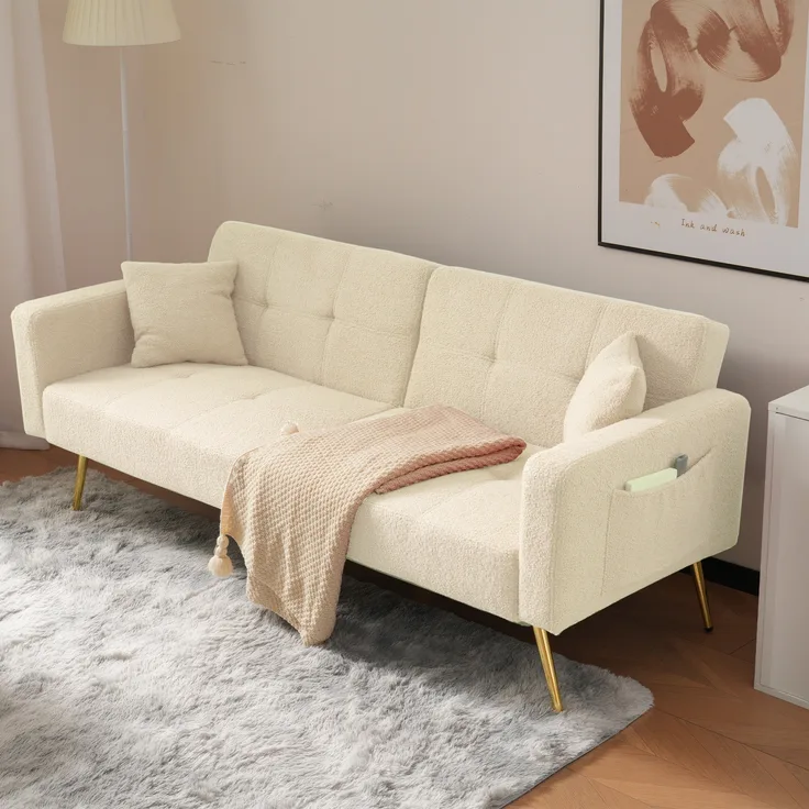 Schlafsofa Lammwolle verstellbar, 175x64x72 cm beige – Sofabett mit 3 Stufen, vergoldeten Füßen & Seitentaschen，Gästebett, Relaxsofa