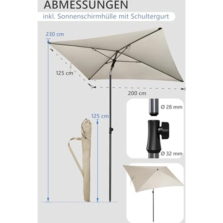 4smile Sonnenschirm Balkon 200x125 cm mit Schirmhülle, Anthrazit - UV50+ Sonnenschirm rechteckig knickbar höhenverstellbar, Sommer Schirm für Sonnenschutz Balkon als Ersatz für Ampelschirm – Bild 8