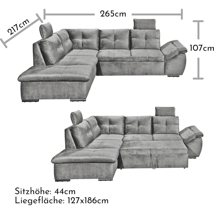 Stella Trading ALIJA Ecksofa mit Schlaffunktion in Grau - Moderne Eckcouch mit Bettkasten und verstellbaren Armlehnen - 265x84 (107) x 217 cm (B/H/T) – Bild 3