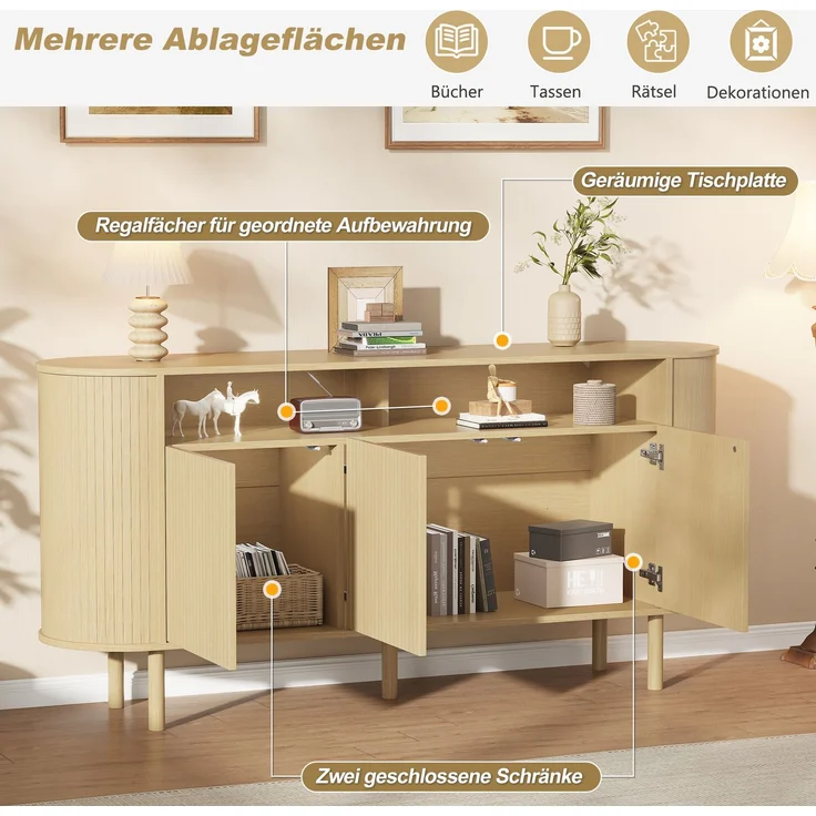 DESVIAE Sideboard Naturholz aus Spanplatte – 160x78,5x40 cm – 3 Wellentüren, offene Fächer – Bild 5