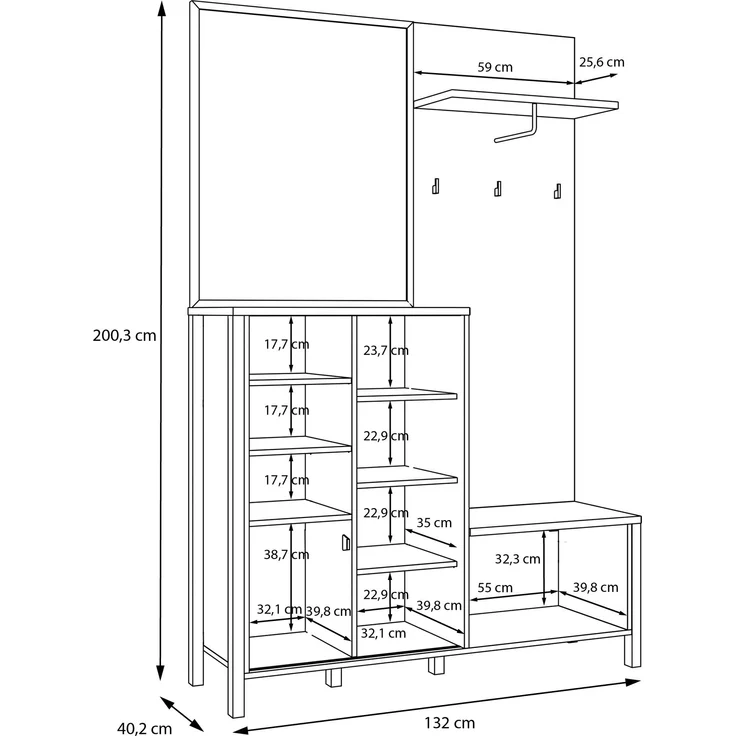 Kompaktgarderobe >JYTANA< mit Spiegel, Mauvella Eiche Dekor / schwarz - 132x200,3x40,2cm (BxHxT) – Bild 6