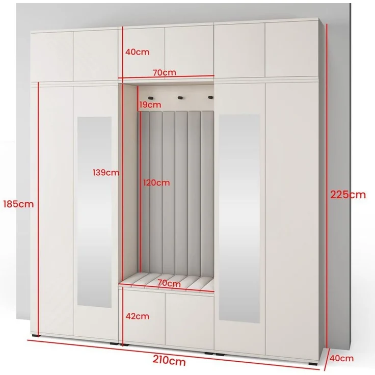 Garderoben-Set Napoli Version 12: Kleiderschrank mit Polsterpaneelen, Schuhschrank und Schrankaufsatz Flur und Eingangsbereich (Cashmere/Trinity 28), 225 x 40 x 210 cm – Bild 5