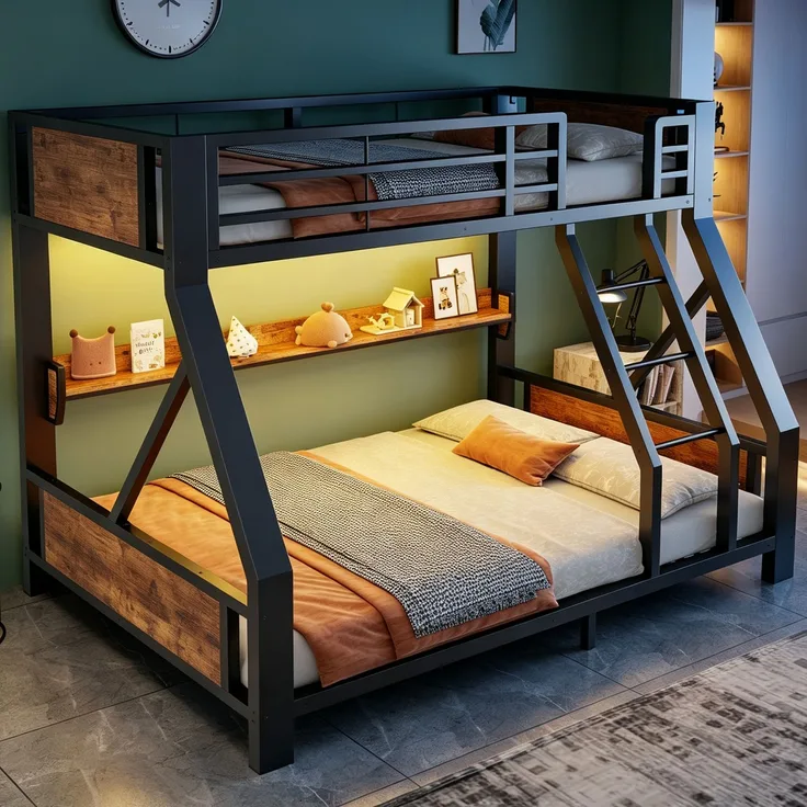 EINHOM Metall-Etagenbett 90x200 / 140x200 cm, Einzelbett oben, Doppelbett unten, Ablagefach, LED-Beleuchtung, Bettgestell aus Eisen und Holz, platzsparendes Kinder- und Jugendzimmermöbel Schwarz (Ohne Matratze)