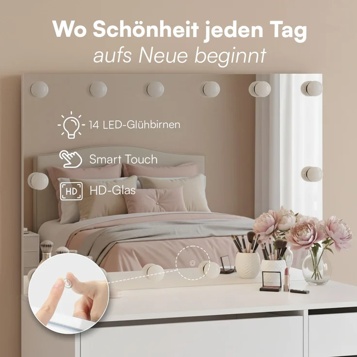 Bellamio 'Livny' Schminkspiegel mit LED-Glühbirnen, dimmbar, Hollywood Spiegel mit 3 Lichtfarben, weiß, 110x70 cm, inkl. Touch-Screen (mit Wandbefestigung) – Bild 2
