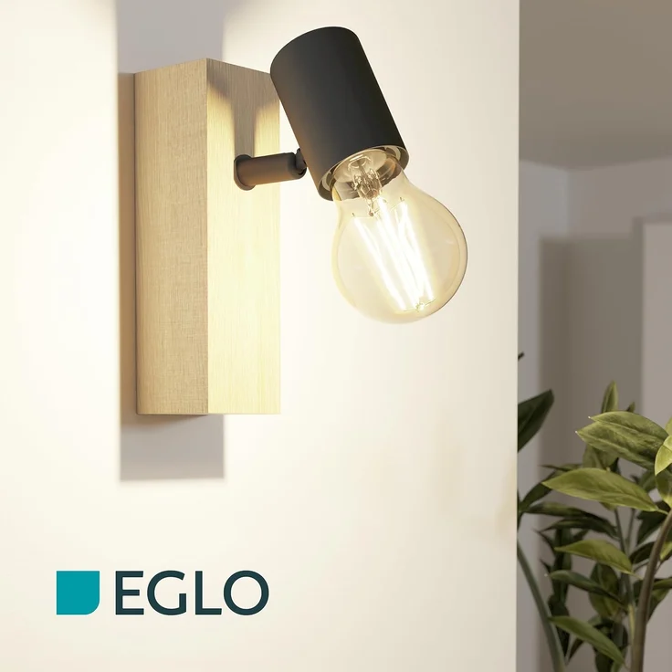 Eglo 32917 LED Wandleuchte TOWNSHEND Stahl schwarz, Holz braun E27 1X10W L:6,5cm H:21,5cm T:19cm dimmbar – Bild 5