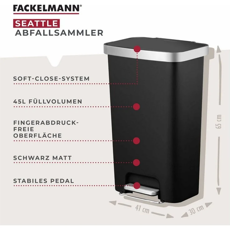 FACKELMANN Mülleimer SEATTLE, Pedal-Abfalleimer 45L, stilvoller Mülleimer mit Soft-Close System & robustem Pedal – Bild 1