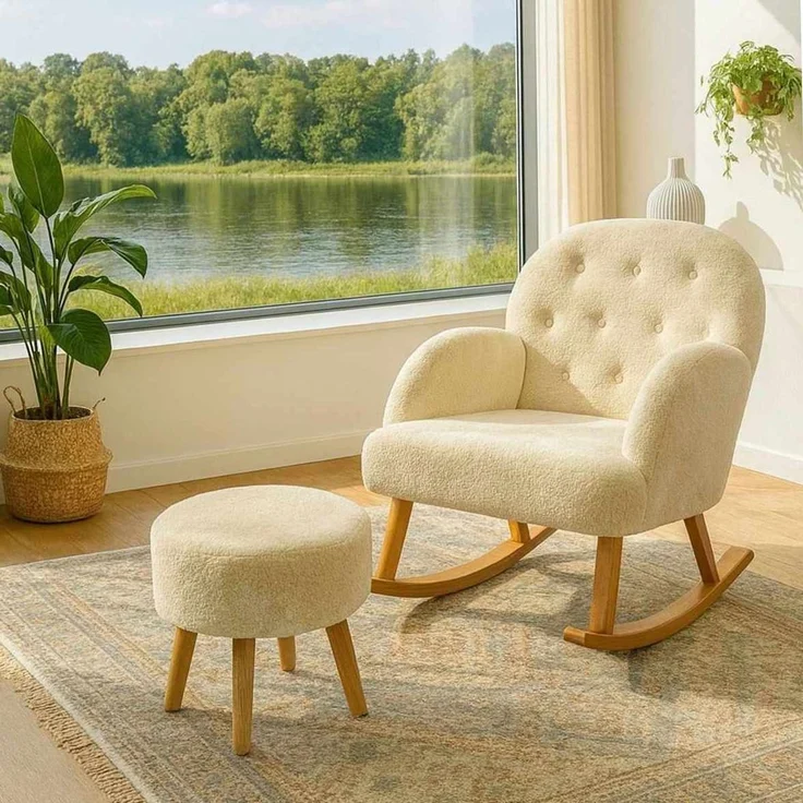 Hanah Home 'Dügmeli - Cream' Ohrensessel- und Hocker-Set (2-teilig), Creme, 80 x 85 x 65 cm – Bild 2
