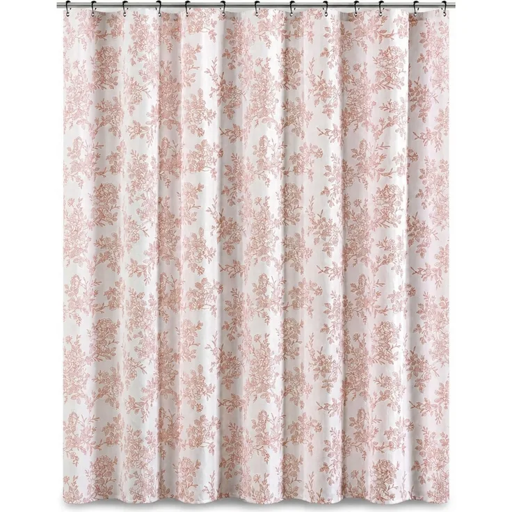 Duschvorhang mit Blumenmuster wasserabweisend Weiß-Rosa, 165 x 180 cm