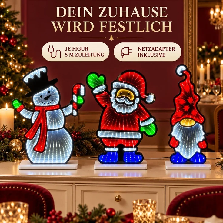 LED Infinity Spiegel 3er-Set Weihnachtsmann, Schneemann, Wichtel mit Timer – Bild 5