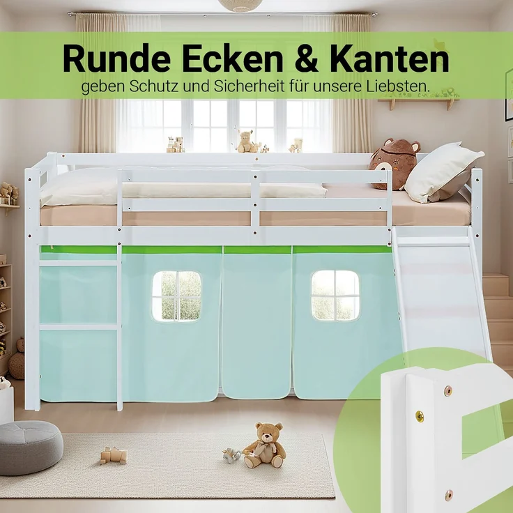 Hochbett Kinder 90x200 cm mit Rutsche Kinderbett Kinderhochbett Stockbett Vorhang Grün Leiter Holz Massiv – Bild 7