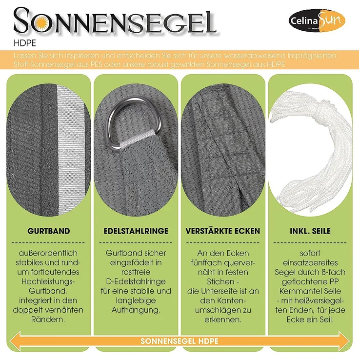 CelinaSun Sonnensegel nkl Befestigungsseile HDPE wetterbeständig atmungsaktiv Dreieck 3 x 3 x 3 m Sand beige – Bild 2