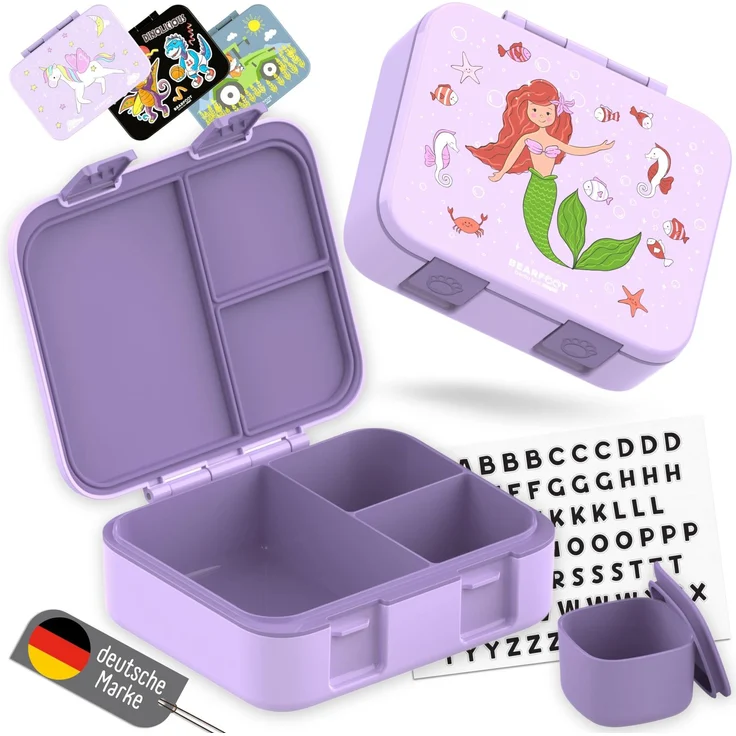 BEARFOOT Bento Box COMPACT Kinder Brotdose (Meerjungfrau-lila, 1.000 ml) | BPA-frei, auslaufsichere Lunchbox mit Fächern, für Schule & Kindergarten, für Mädchen & Jungen, leicht & kompakt