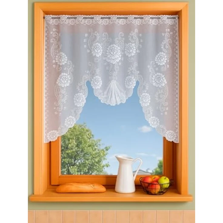 heimtexland Scheibengardine Jacquard Gardine M Bogen gerafft Fensterbild weiß (1 St), Stangendurchzug, halbtransparent, Jacquard, Blumen Bordüre I gebogt I durchscheinend – Bild 4