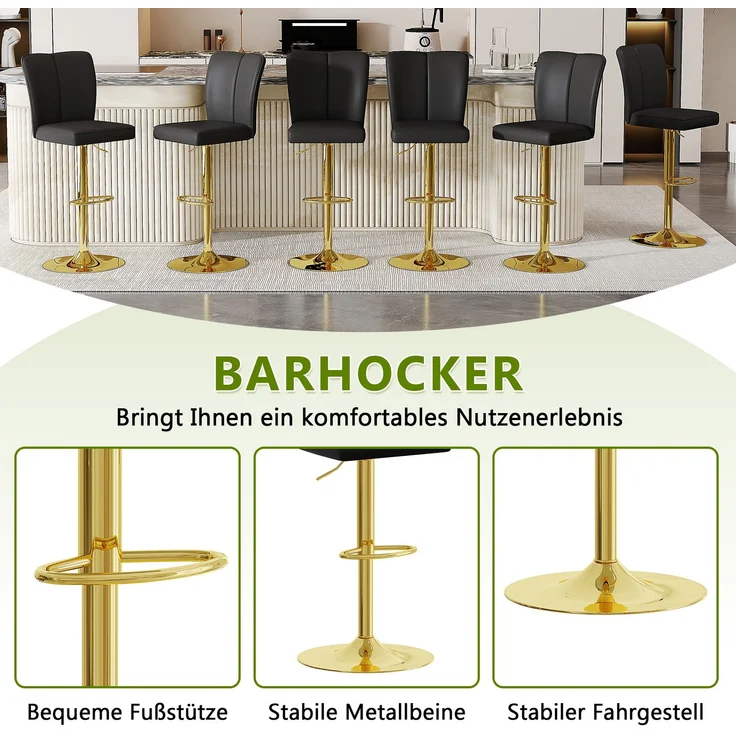 Höhenverstellbarer Barhocker im 2er-Set, 360° drehbar, Luxuriöser Barhocker im Schwarz-Gold-Design aus wasserabweisendem PU-Leder, geeignet für Kücheninseln, Verschiedene Farben erhältlich.--Schwarz + Gold--44.5x44x37cm--YOUDENOVA – Bild 7