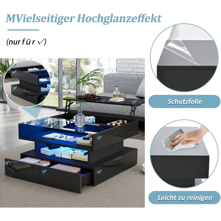 Couchtisch mit hydraulischer Hubfunktion und LED-Beleuchtung, Hochglanz Oberfläche, 2 Schubladen & gehärtetem Glas,Schwarz – Bild 7