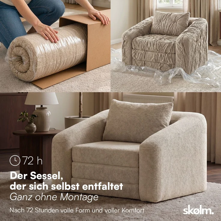 skølm 'Fjäll' Schlafsessel mit 1 Kissen, beige, Teddy-Bouclé Sessel ausklappbar, mit Liegefunktion, vakuumverpackt ohne Aufbau – Bild 3