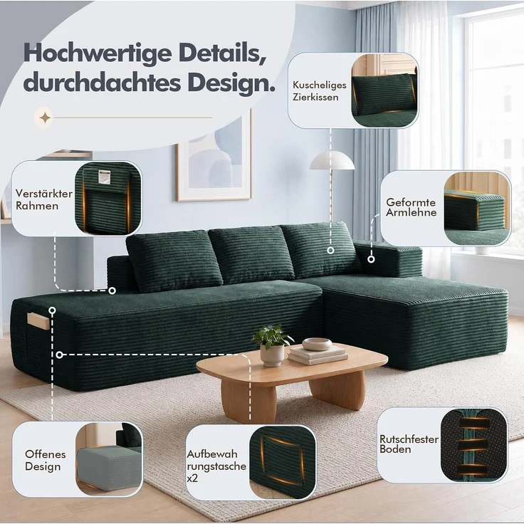 COMHOMA Ecksofa mit Schlaffunktion, 255cm Corduroy Modulares Boneless Couch mit Chaiselongue & Rücken-Metallgestell, L-Form Schlafsofa mit offenem Design, Kissen & Seitentaschen,für Wohnzimmer, Grün-L – Bild 6