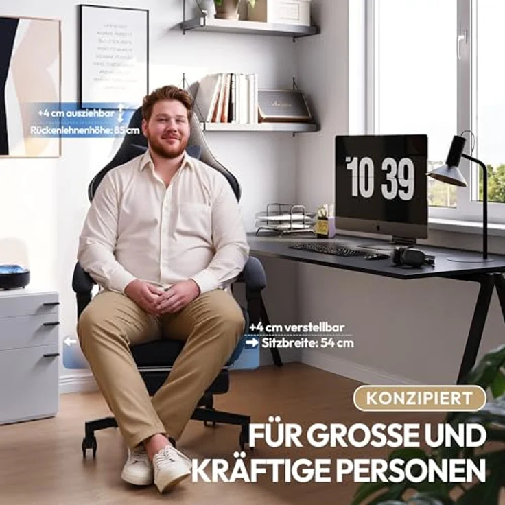 Dowinx Gaming Stuhl Tasche Frühling Kissen, Atmungsaktiver Bürostuhl aus Hochwertigem Stoff, Ergonomischer PC-Stuhl mit Kopfstütze, Drehbarer Schreibtischstuhl mit Fußstütze (Schwarz und Weiß) – Bild 5