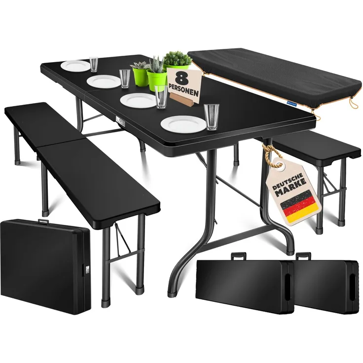 KESSER® Bierzeltgarnitur 3-teilig Set Tisch & 2x Bank | Buffettisch für drinnen & draußen Gartengarnitur klappbar 183x76x74cm Kunststoff Klapptisch Gartentisch inkl. Abdeckung & Tragegriffe Schwarz, Glatt
