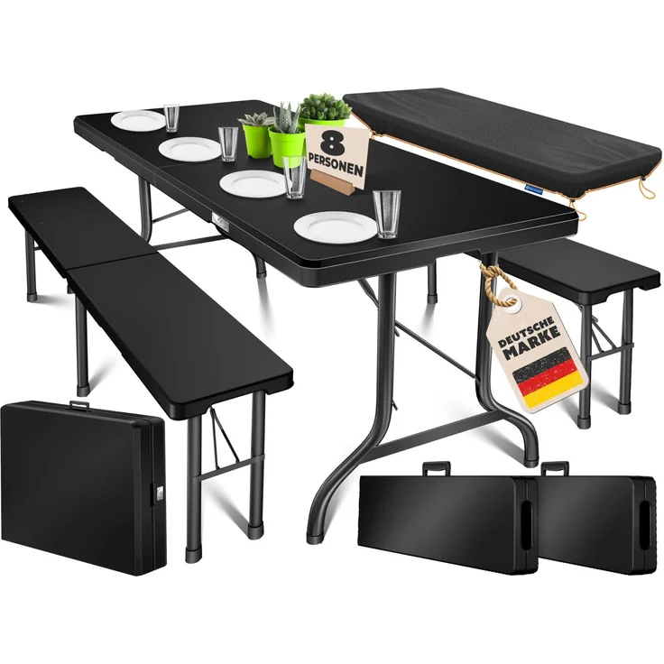 KESSER® Bierzeltgarnitur 3-teilig Set Tisch & 2x Bank | Buffettisch für drinnen & draußen Gartengarnitur klappbar 183x76x74cm Kunststoff Klapptisch Gartentisch inkl. Abdeckung & Tragegriffe Schwarz, Glatt – Bild 1