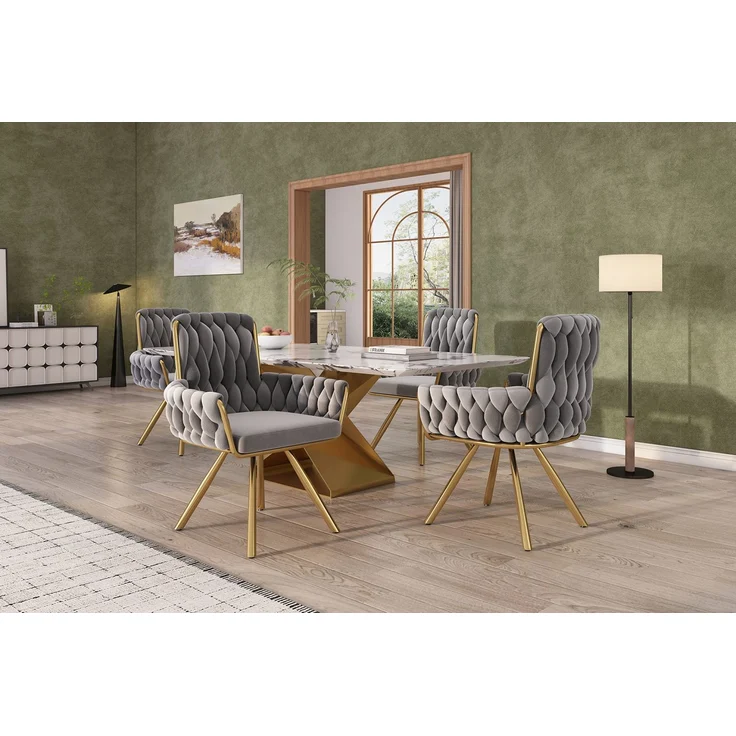 Merax Samt-Esszimmerstuhl, 6er set, Sessel, einzelner luxuriöser Wohn- und Schlafzimmer-Drehstuhl, Freizeit-Drehstuhl mit vier Stützbeinen aus Metall, grau – Bild 9