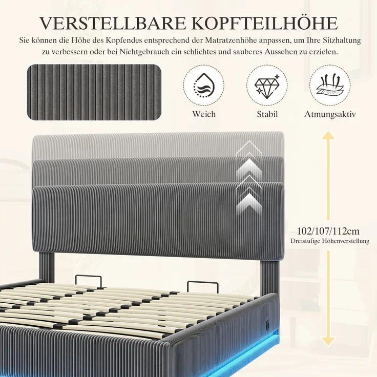 Polsterbett, Cord mit LED & USB-Anschluss, Stauraum & Lattenrost, 180x200 cm, Dunkelgrau, ohne Matratze – Bild 7