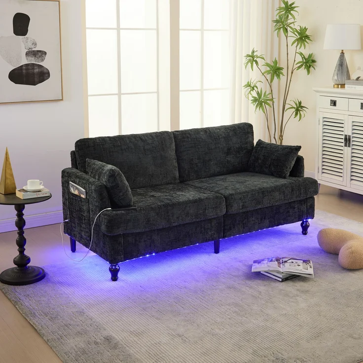 2-sitziges Chenille-Sofa mit USB-Ladeanschluss, LED-Licht und Aufbewahrungstasche in Schwarz – Bild 5