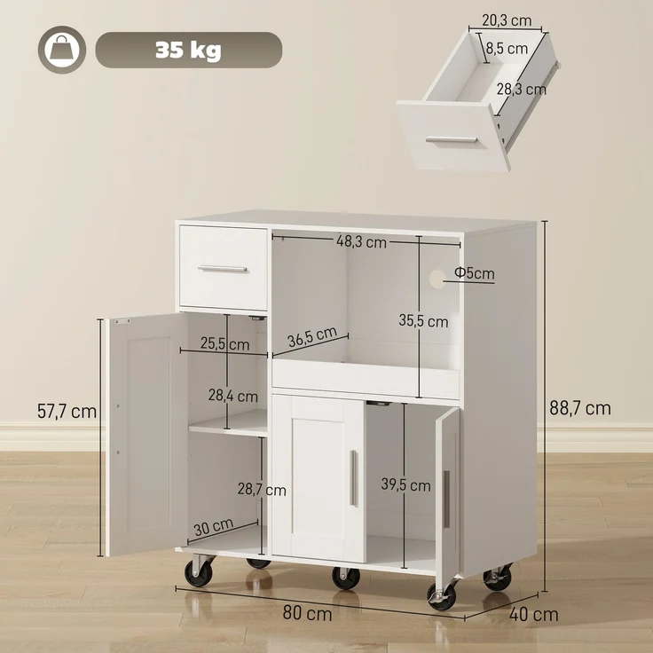 JARDJ Küchen-Beistellschrank mit Rollen, Küchen-Sideboard für Mikrowelle mit Auszugsschublade, 80 x 40 x 88,7 cm, Weiß – Bild 5