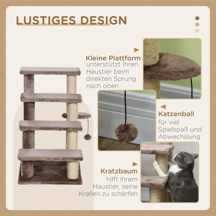 JARDJ Haustiertreppe, Kratzbaum, 4-stufig, für Tiere bis 5 kg, 60x40x64cm, Braun – Bild 5
