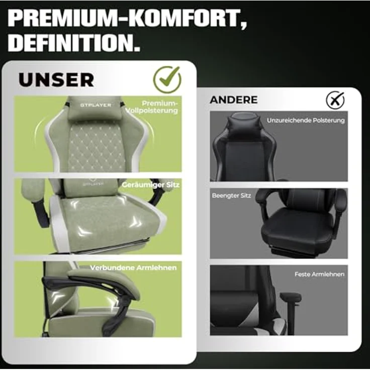 GTPLAYER Gaming Stuhl Ergonomischer, PC Stuhl Atmungsaktiver Stoff, Groß und Hoch Drehbarer Schreibtischstuhl mit Fußstütze,Verstellbare Lendenwirbelstütze und Kopfstütze,Grün – Bild 8