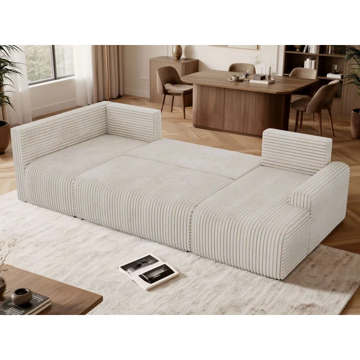 U-förmiges Sofa NESSARO COR U mit Schlaffunktion und Bettkasten, Freistehende Wohnlandschaft, DL-System, Bonellfederkern - Beige Cord - Links Seite – Bild 5